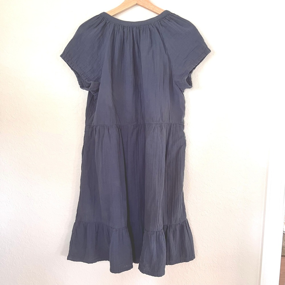 Pact Organic Cotton Gauze Tiered Midi Dress Blue V-Neck Pockets Comfy size Large - Picture 2 of 8